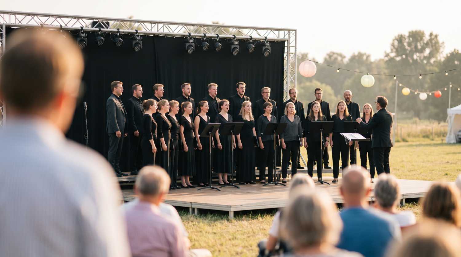 Chor in dunkler Konzertkleidung singt auf einer Open-Air-Festivalbühne im Abendlicht, im Vordergrund Publikum