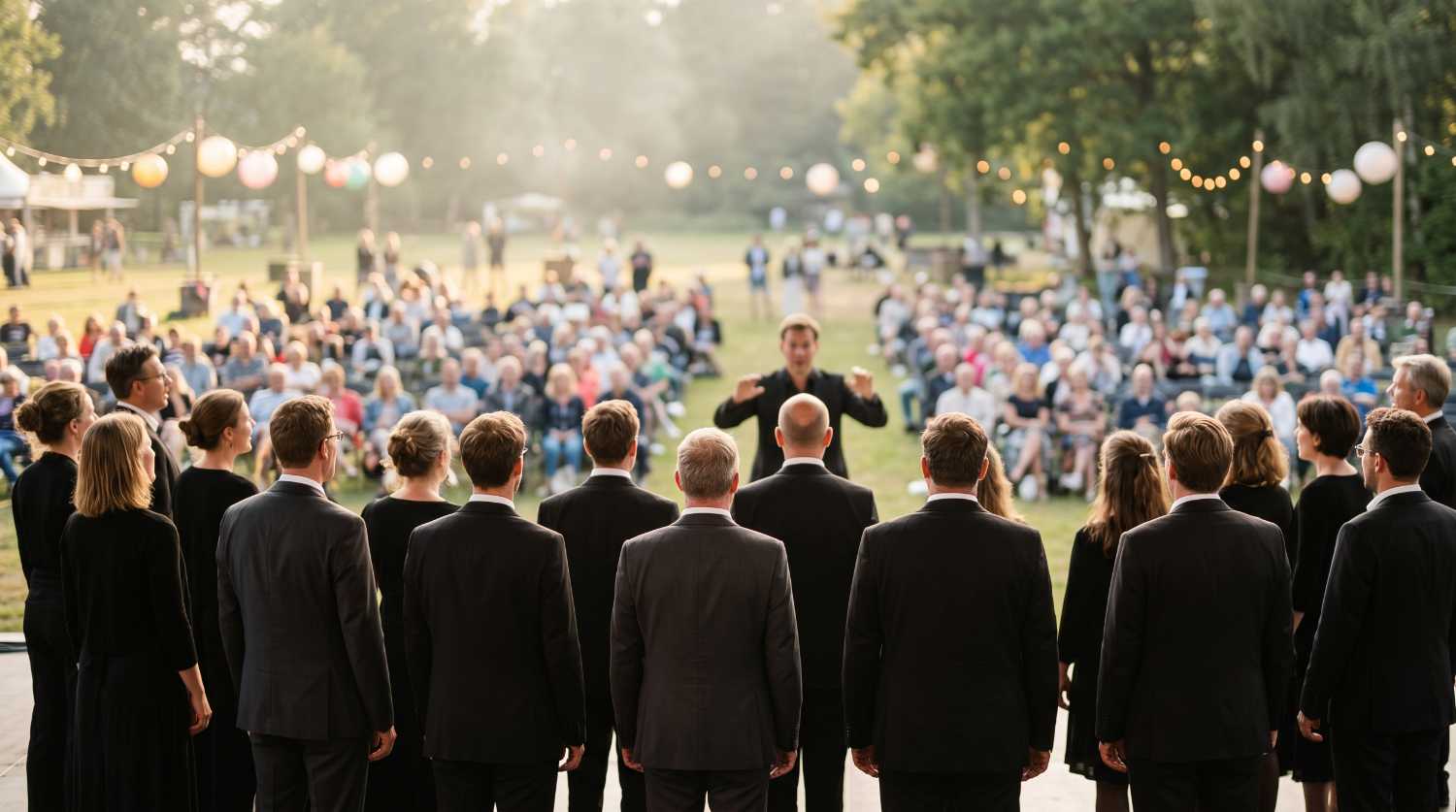 Chor in dunkler Konzertkleidung von hinten gesehen, vor ihm der Dirigent und das Publikum auf einer Open-Air-Bühne im Abendlicht